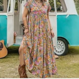 Floral Maxi Dress - Pink and Orange